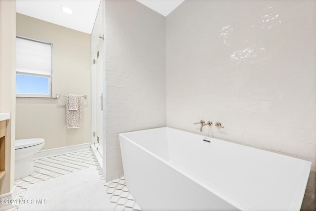 full bath featuring a freestanding bath, toilet, a shower stall, vanity, and tile patterned flooring