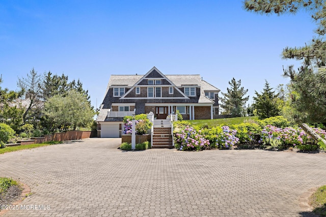 1437 Ocean Ave, Mantoloking, NJ 08738 - shingle-style home with stairway, a garage, decorative driveway, and a porch