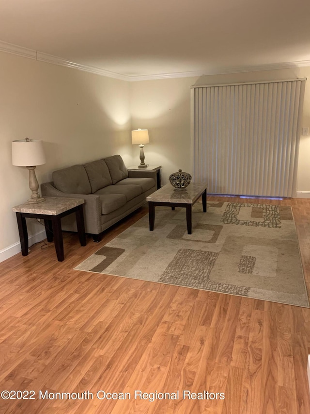 living room featuring crown molding, baseboards, and wood finished floors