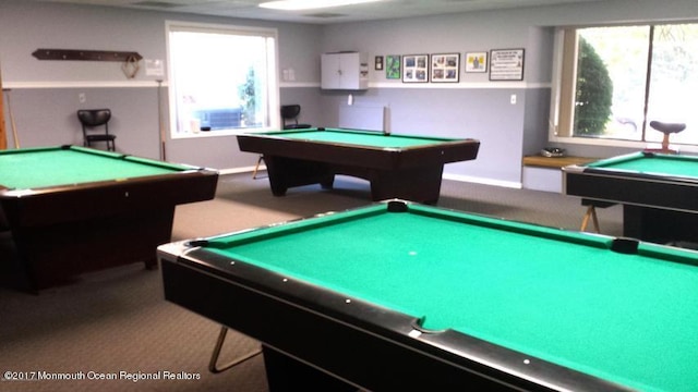 playroom with pool table, carpet flooring, a wealth of natural light, and baseboards