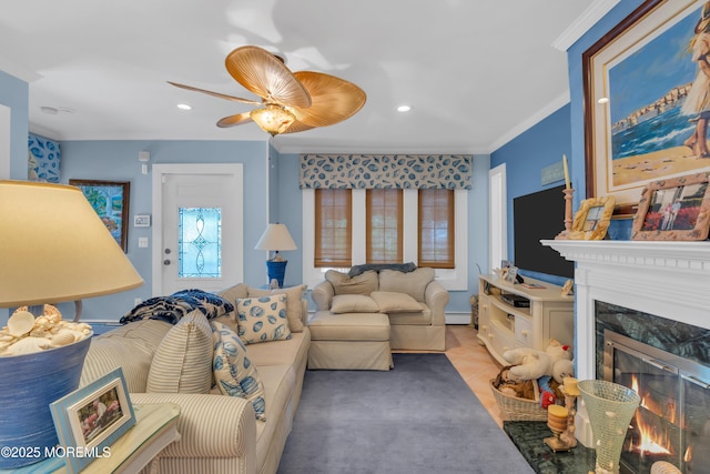 tiled living room with ornamental molding, recessed lighting, a baseboard heating unit, and a fireplace