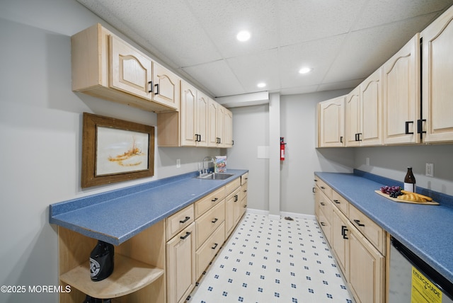 kitchen with baseboards, light floors, open shelves, a sink, and recessed lighting