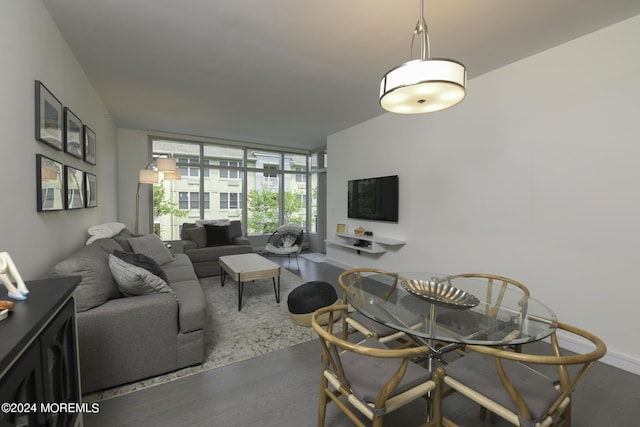 living area featuring dark wood-style flooring and baseboards