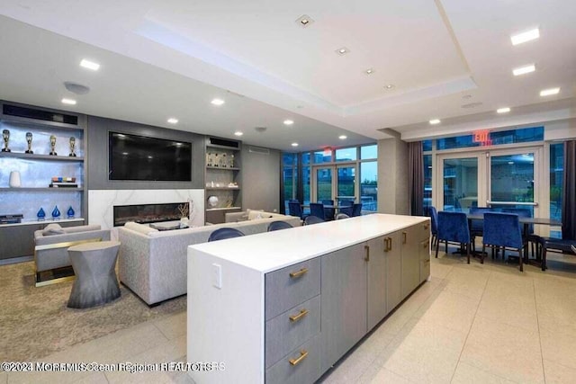 kitchen with gray cabinetry, a premium fireplace, built in features, a large island, and a tray ceiling