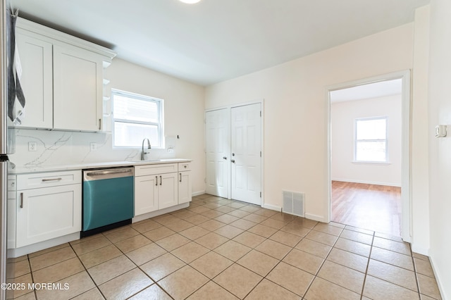 kitchen featuring light countertops, visible vents, a sink, plenty of natural light, and dishwashing machine