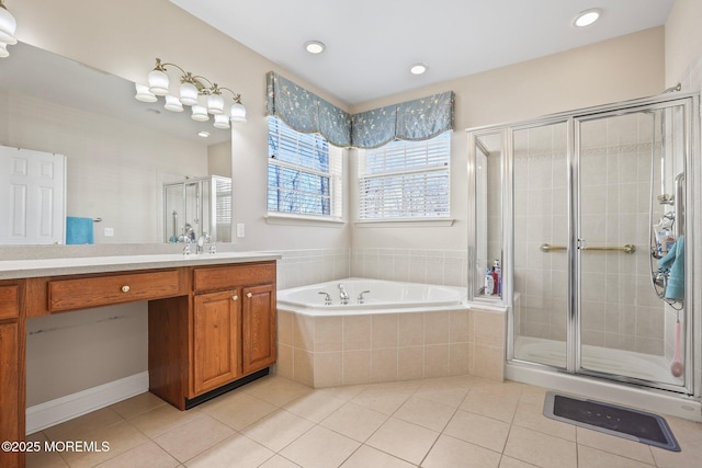 full bathroom with a shower stall, recessed lighting, a bath, tile patterned floors, and vanity