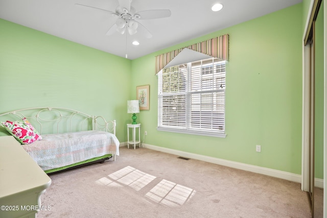 bedroom featuring visible vents, recessed lighting, baseboards, and carpet floors