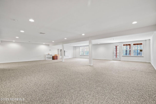 basement with recessed lighting, baseboards, and carpet floors