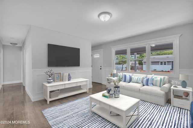 living room featuring a wainscoted wall, a decorative wall, and wood finished floors