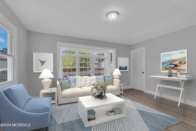 living area featuring wood finished floors and baseboards