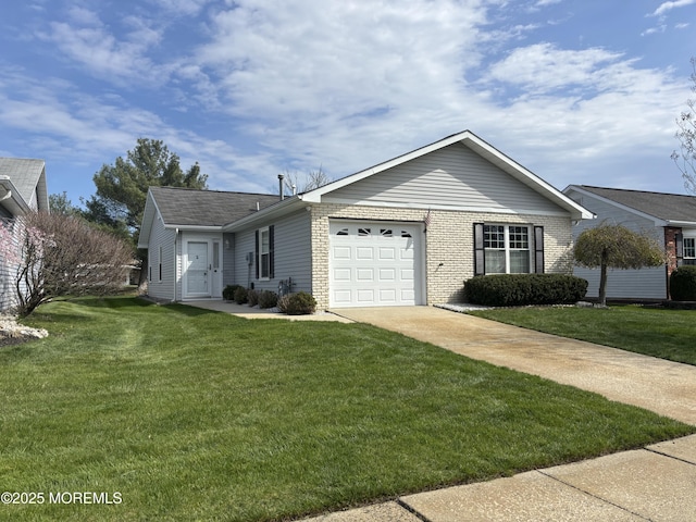ranch-style house featuring a front yard, driveway, and a garage