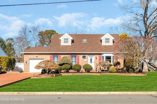 cape cod-style house with a garage, brick siding, driveway, and a front lawn