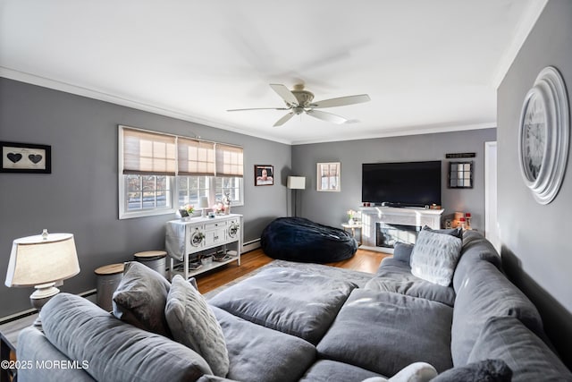 living room with ceiling fan, ornamental molding, baseboard heating, and wood finished floors