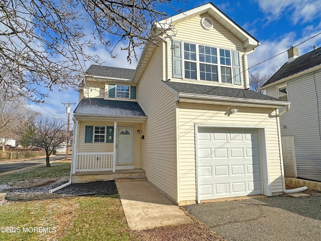 traditional home with a shingled roof and an attached garage