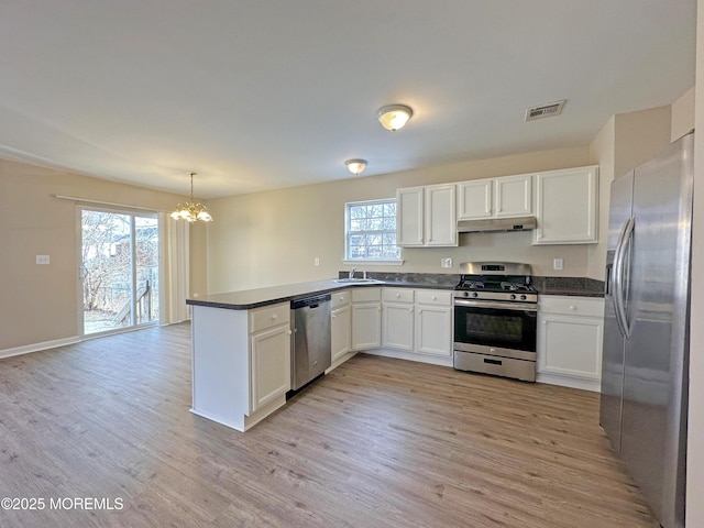 kitchen featuring dark countertops, a peninsula, stainless steel appliances, under cabinet range hood, and a sink