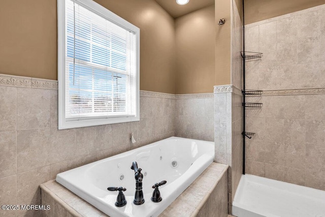 551 Chester Pkwy, Belford, NJ 07718 - full bathroom with a tile shower, tile walls, and a whirlpool tub