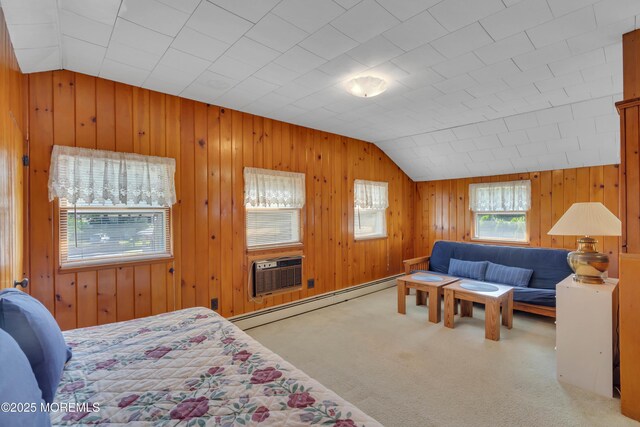 bedroom with lofted ceiling, a baseboard radiator, carpet flooring, and an AC wall unit