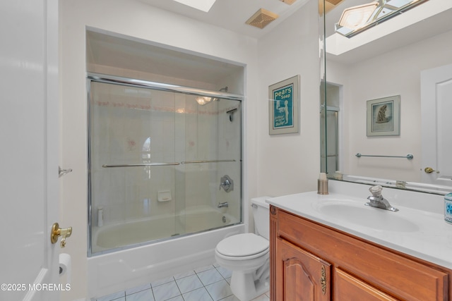 bathroom with tile patterned floors, a skylight, toilet, and visible vents