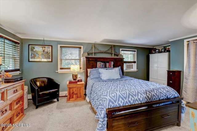 bedroom with light colored carpet, crown molding, baseboard heating, and multiple windows