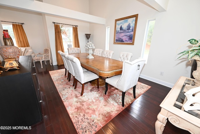 dining room featuring a healthy amount of sunlight, baseboards, and dark wood-style flooring