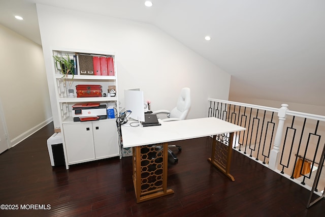 home office with recessed lighting, vaulted ceiling, baseboards, and wood finished floors