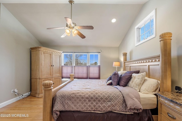 bedroom with lofted ceiling, ceiling fan, light wood-style flooring, recessed lighting, and baseboards