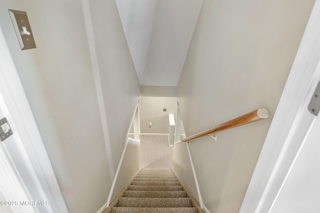 stairway featuring lofted ceiling and carpet floors