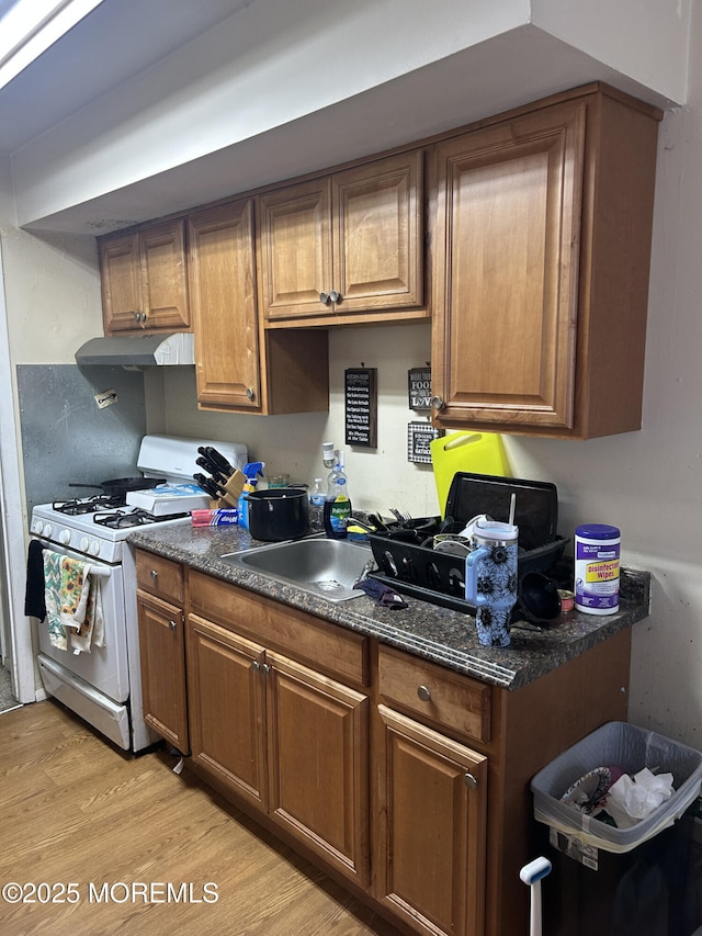 kitchen with light wood finished floors, gas range gas stove, brown cabinetry, and under cabinet range hood