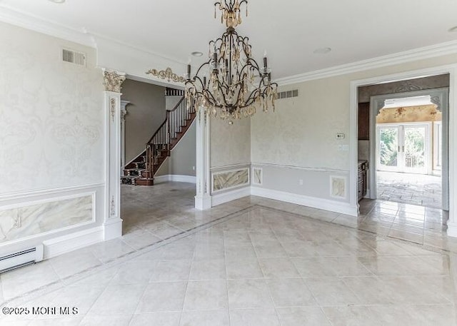 unfurnished room with visible vents, crown molding, stairway, baseboard heating, and a notable chandelier