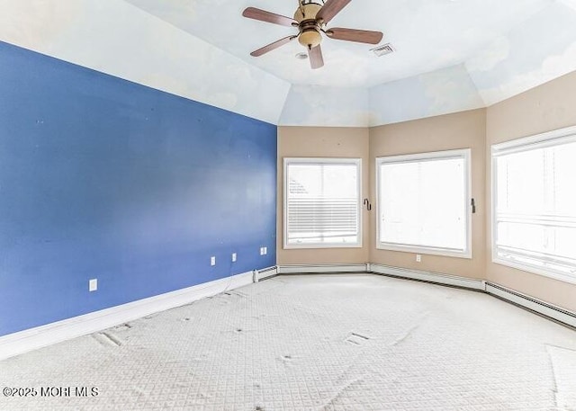 spare room featuring visible vents, baseboards, carpet flooring, and a ceiling fan