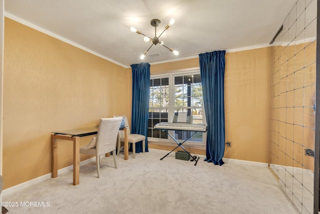 office featuring a chandelier, carpet floors, ornamental molding, and visible vents