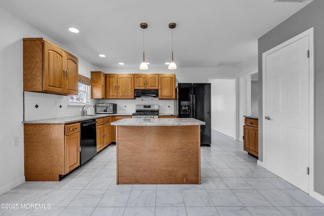 kitchen with marble finish floor, tasteful backsplash, a sink, ventilation hood, and black appliances