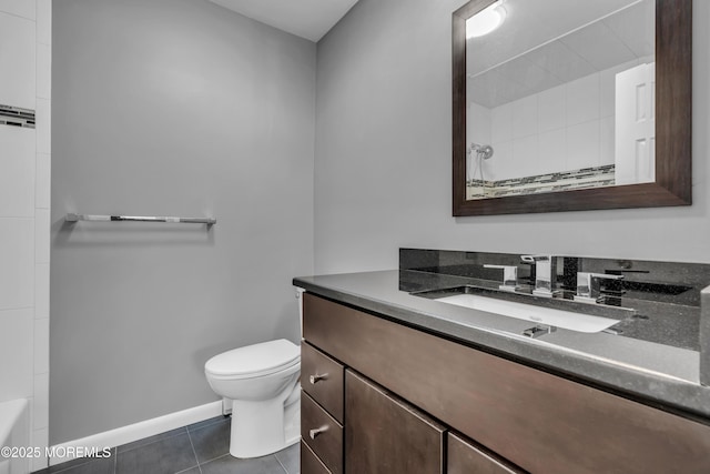 full bath featuring toilet, tile patterned flooring, walk in shower, and vanity