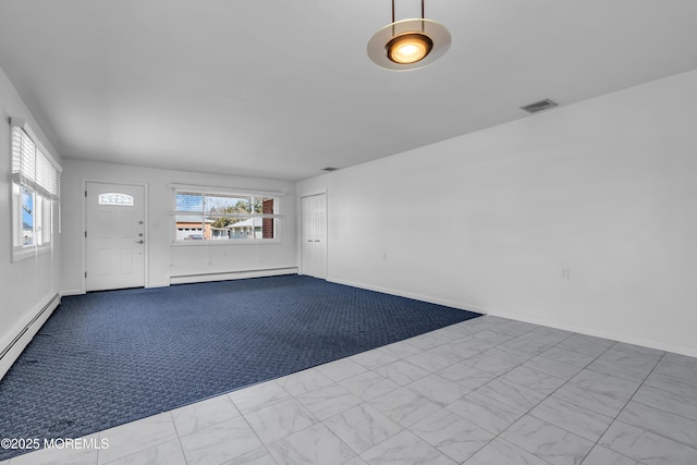 entrance foyer featuring visible vents, baseboards, marble finish floor, carpet, and a baseboard heating unit