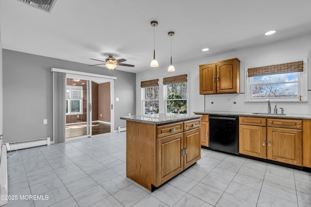 kitchen featuring black dishwasher, visible vents, marble finish floor, baseboard heating, and a sink