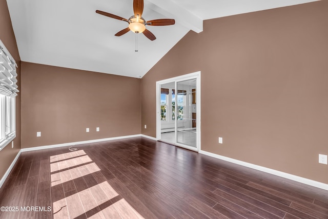 unfurnished room featuring baseboards, beamed ceiling, and wood finished floors