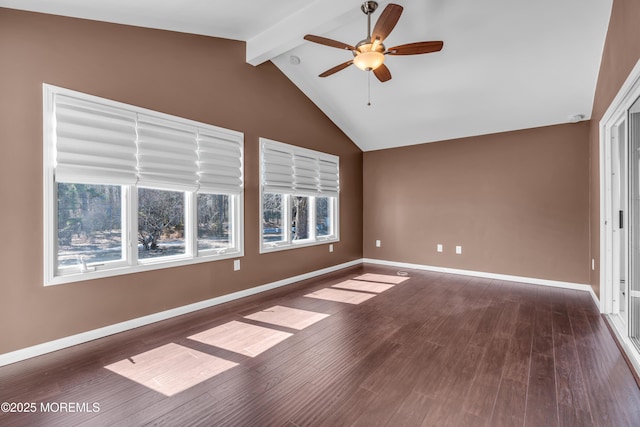 spare room featuring dark wood-type flooring, vaulted ceiling with beams, baseboards, and a ceiling fan