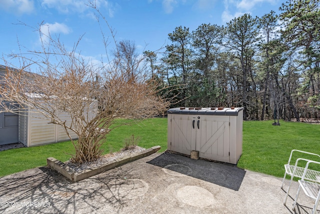 view of patio featuring a shed and an outdoor structure