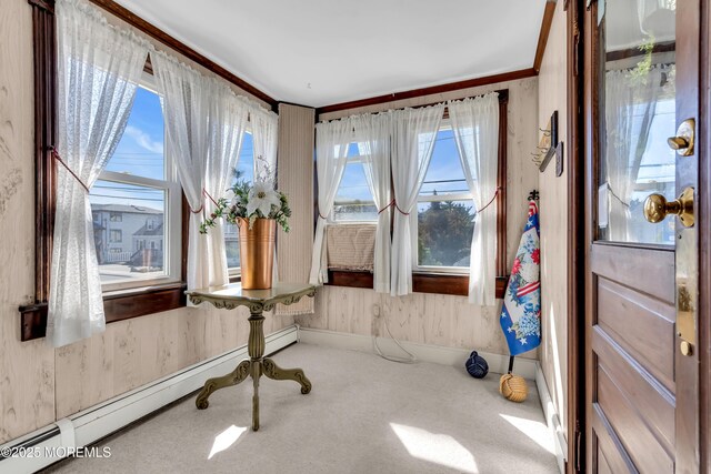 2-4 NE Central Ave, Seaside Park, NJ 08752 - interior space with a baseboard heating unit, carpet flooring, baseboards, and wallpapered walls