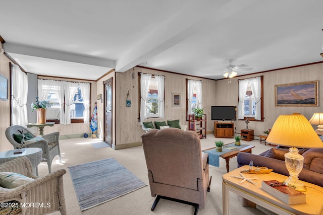 2-4 NE Central Ave, Seaside Park, NJ 08752 - living area featuring ceiling fan, light colored carpet, baseboards, and ornamental molding