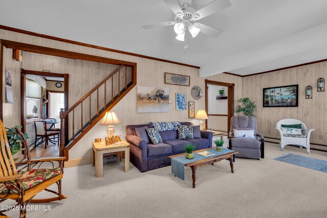 2-4 NE Central Ave, Seaside Park, NJ 08752 - carpeted living area featuring stairway, baseboard heating, crown molding, and a ceiling fan