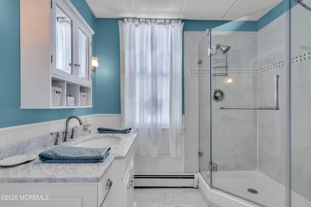 2-4 NE Central Ave, Seaside Park, NJ 08752 - bathroom featuring a baseboard heating unit, vanity, a stall shower, and marble finish floor