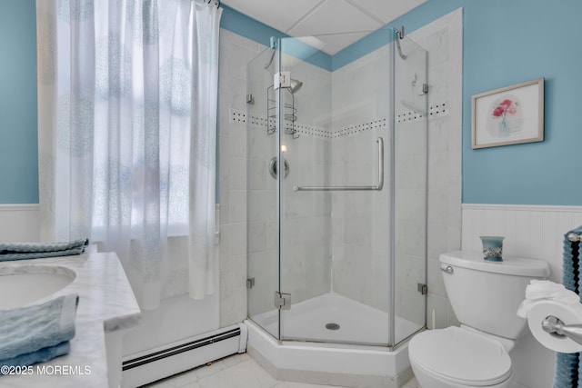 2-4 NE Central Ave, Seaside Park, NJ 08752 - full bath with a shower stall, toilet, baseboard heating, wainscoting, and a sink