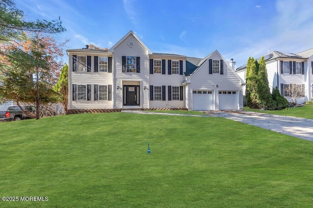 colonial house with driveway, a front lawn, and an attached garage