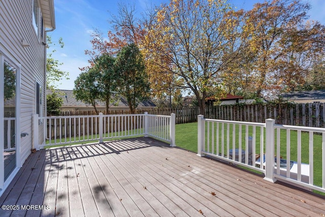 wooden deck featuring a fenced backyard and a lawn