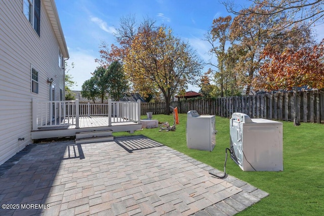 view of patio featuring a fenced backyard and a wooden deck