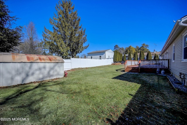 view of yard featuring a fenced backyard and a wooden deck