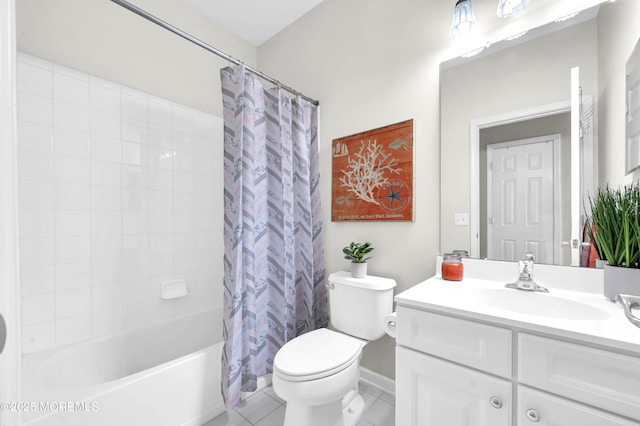 bathroom with toilet, shower / tub combo, tile patterned floors, and vanity