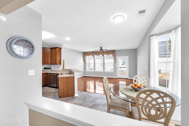 kitchen featuring a peninsula, a sink, visible vents, light countertops, and stainless steel dishwasher