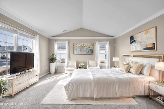 bedroom with crown molding, carpet, visible vents, and vaulted ceiling